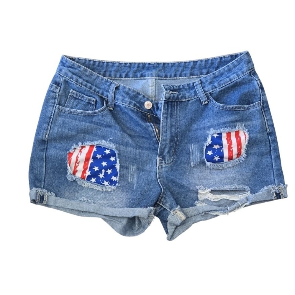 Womens American Flag Distressed Denim Jean Shorts Medium Wash Blue Size L